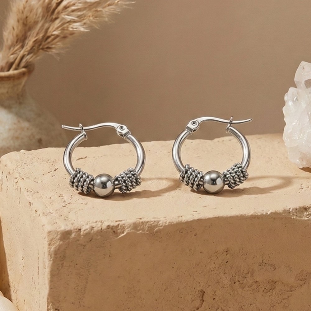 Silver Beaded Hoop Earrings Stainless Steel Textured Boho Minimalist Huggie 0.9" - Picture 7 of 15